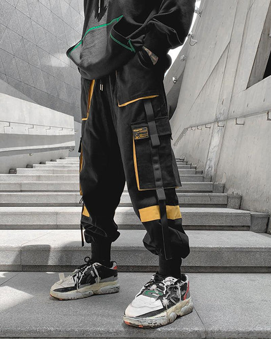 Black Cargo Pants with Ribbon Patchwork Design – Stylish and Functional Streetwear