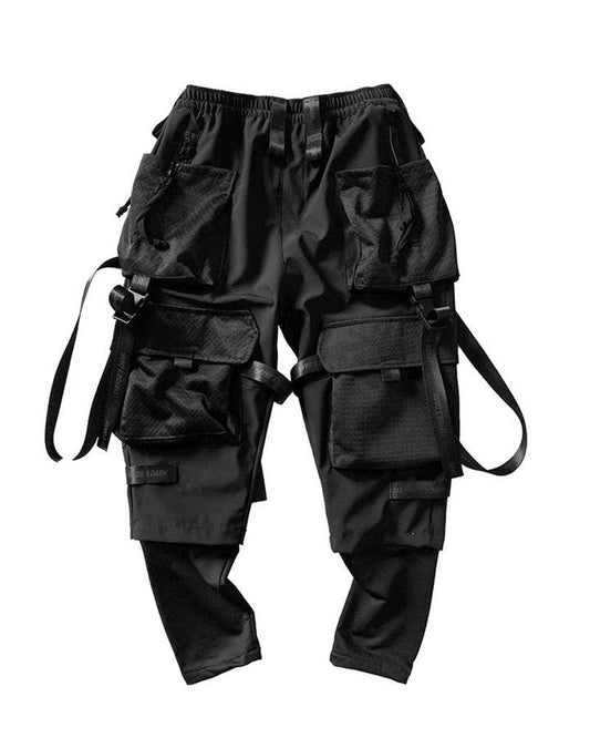 Black Multi-Pocket Cargo Pants for Women – Customizable Ribbon Design, Urban Style Trousers, Durable Polyester Cotton Blend