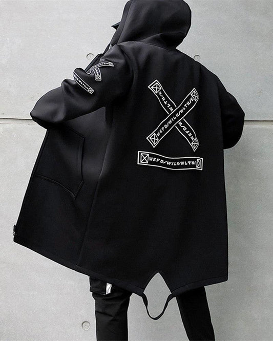 Cyberpunk Long Jacket Coat with Hood – Japanese Streetwear Techwear for Urban Fashion