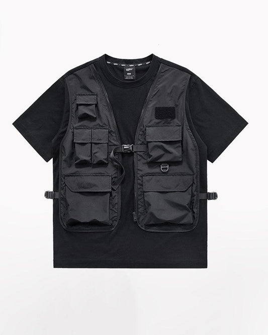 Functional Techwear T-Shirt with Faux Two-Vest Design and Multiple Pockets – Black Casual Outdoor Tee