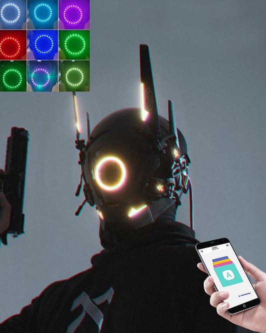Futuristic LED Cyberpunk Helmet Mask with App-Controlled Colors, Adjustable Fit, Black PC Material, Includes Balaclava