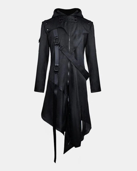 Long Black Cosplay Coat with Irregular Ribbons - Techwear Design