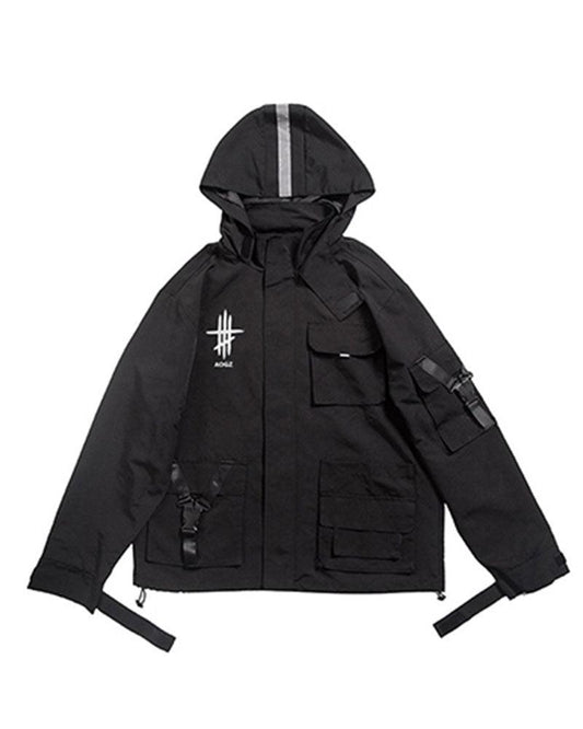 Reflective Hooded Jacket for Outdoor Activities – Stylish Black Techwear Design