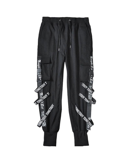 Techwear Black Cargo Pants with Multi-Ribbon Design for Custom Style