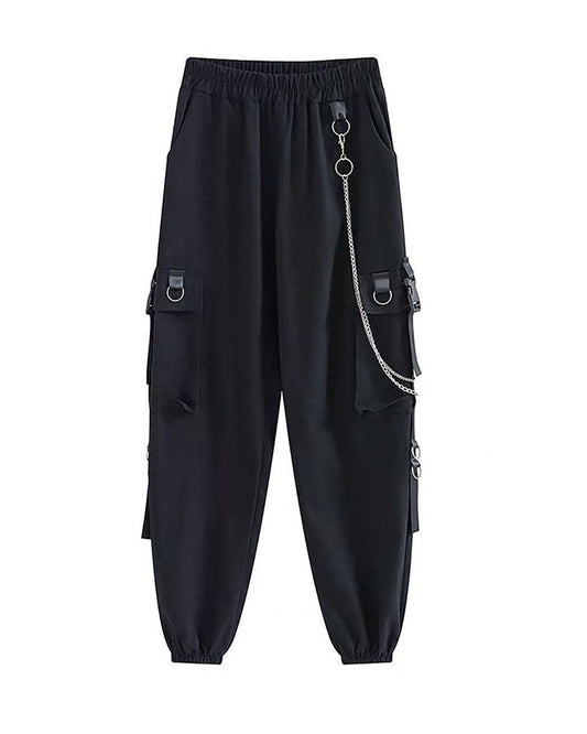 Techwear Cargo Pants for Women with Chain Detail – Black, Comfortable and Stylish