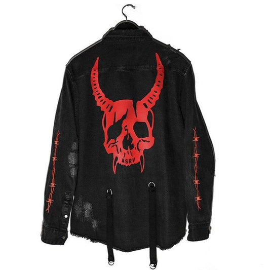 Techwear Denim Jacket with Animal Print and Unique Design – Black Harajuku Style
