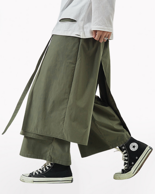 Techwear Hakama Pants in Black and Green – Comfortable Cotton-Polyester Blend, Multiple Sizes M-5XL